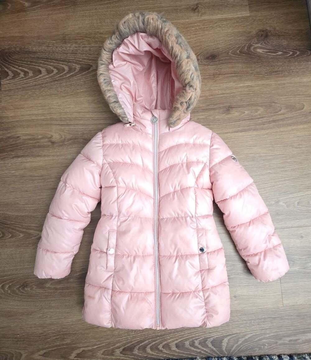 Michael Kors Girls Pink Puffer Jacket with Faux Fur Trimmed Hood 6X - Picture 1 of 8
